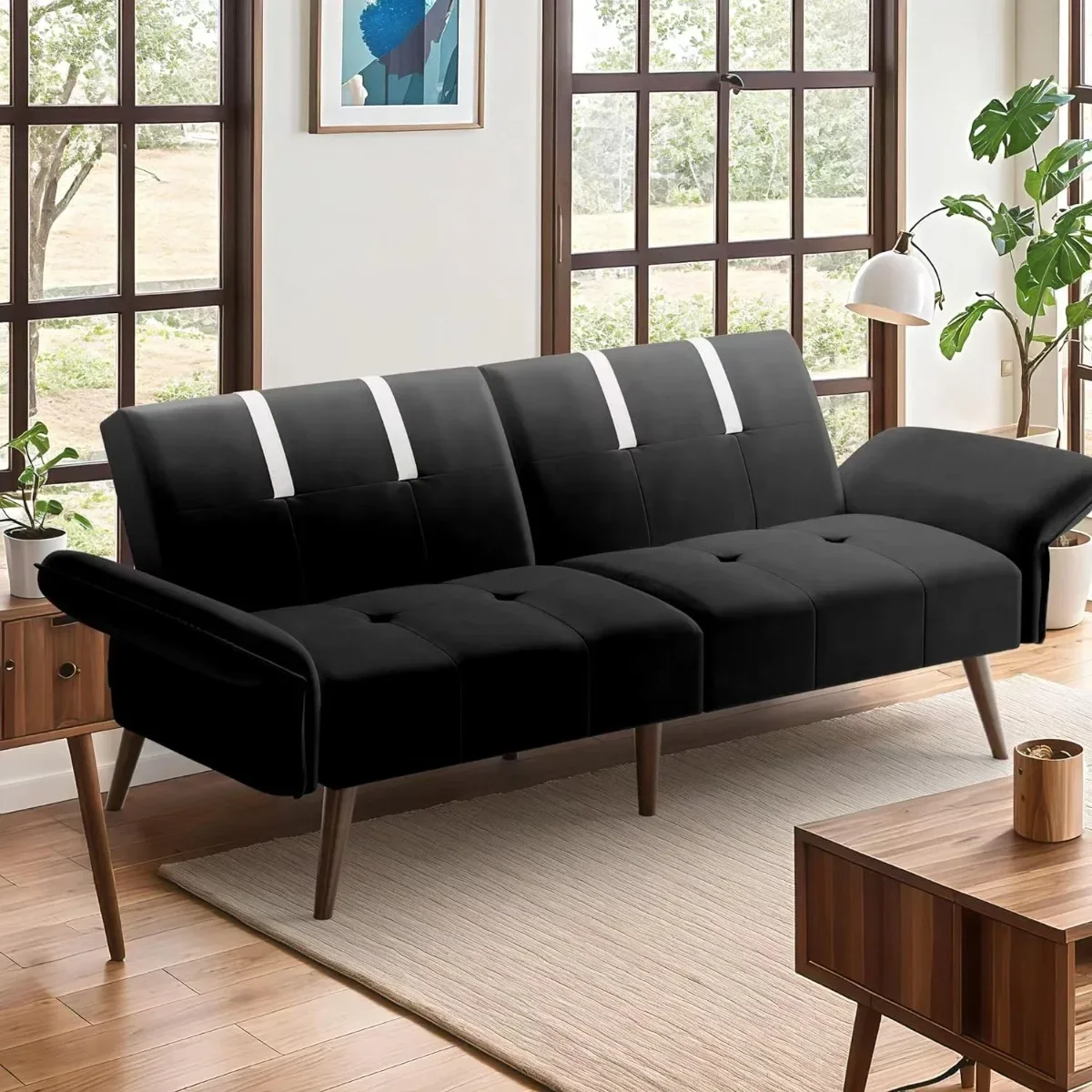 Sofa Bed for Living Room,Velvet Loveseat  for Apartments Office Small Spaces,w/Adjustable Armrests Backrest,Black