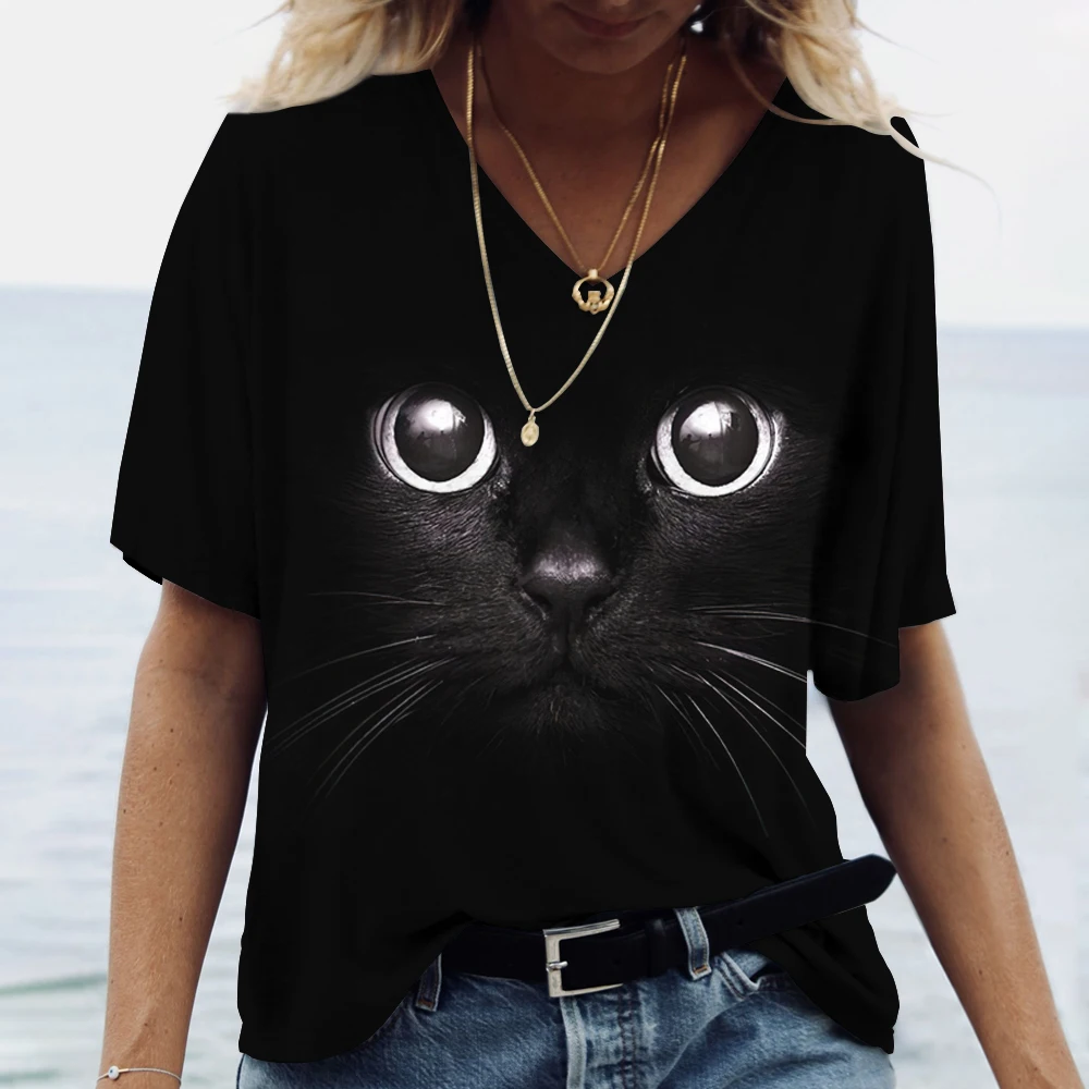 Fashion Animal Cat 3D Print T-shirts Women\'s T Shirt V-Neck Oversized Female Tees Tops Summer Streetwear Harajuku Y2k Clothes