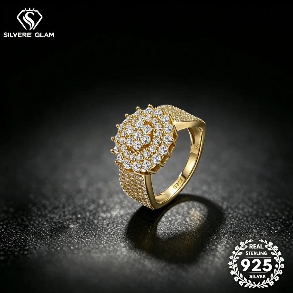 925 Silver Round Cluster Pave Moissanite Ring D VVS1 Multi Stone Floral Wide Band Statement Cocktail Fine Jewelry For Women
