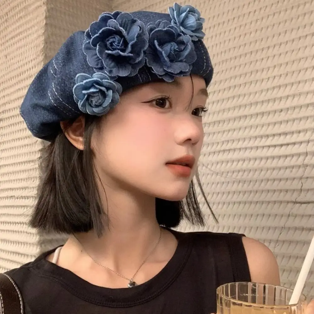 

Retro Flower Denim Beret Cap New Fashion Japanese Style Beanie Octagonal Hats Spring and Autumn Casual Women Painter Hat