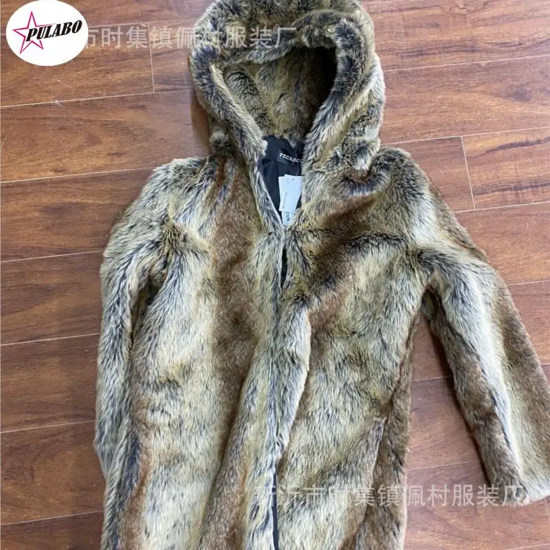 PULABO Wolf Artificial Fox Fur Coat Cartoon Ear Hooded Faux Rabbit Fur Coats Plush Jacket Faux Fur Hood Animal Hat Women Outwear