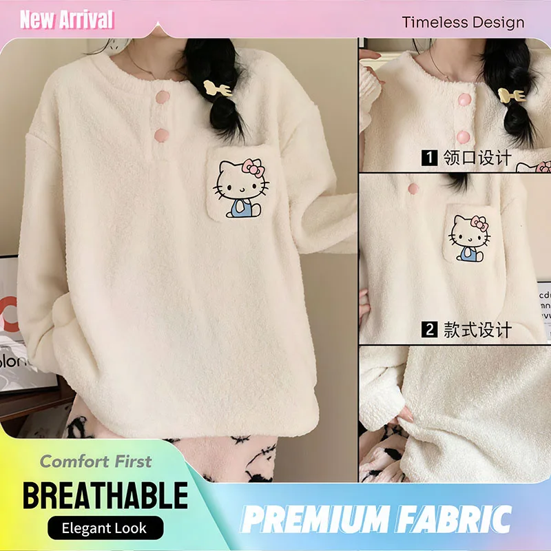 

Sanrio Hello Kitty Women's Plush Fleece Lined Pajama Set Autumn Winter New Thickened Warm Cozy Cute Kawaii Home Sleepwear