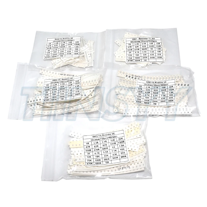 33valuesX 20pcs=660pcs 1206 0603 0402 0805 0201 SMD Resistor Sample Assorted Kit 1% 100% Brand new and high quality