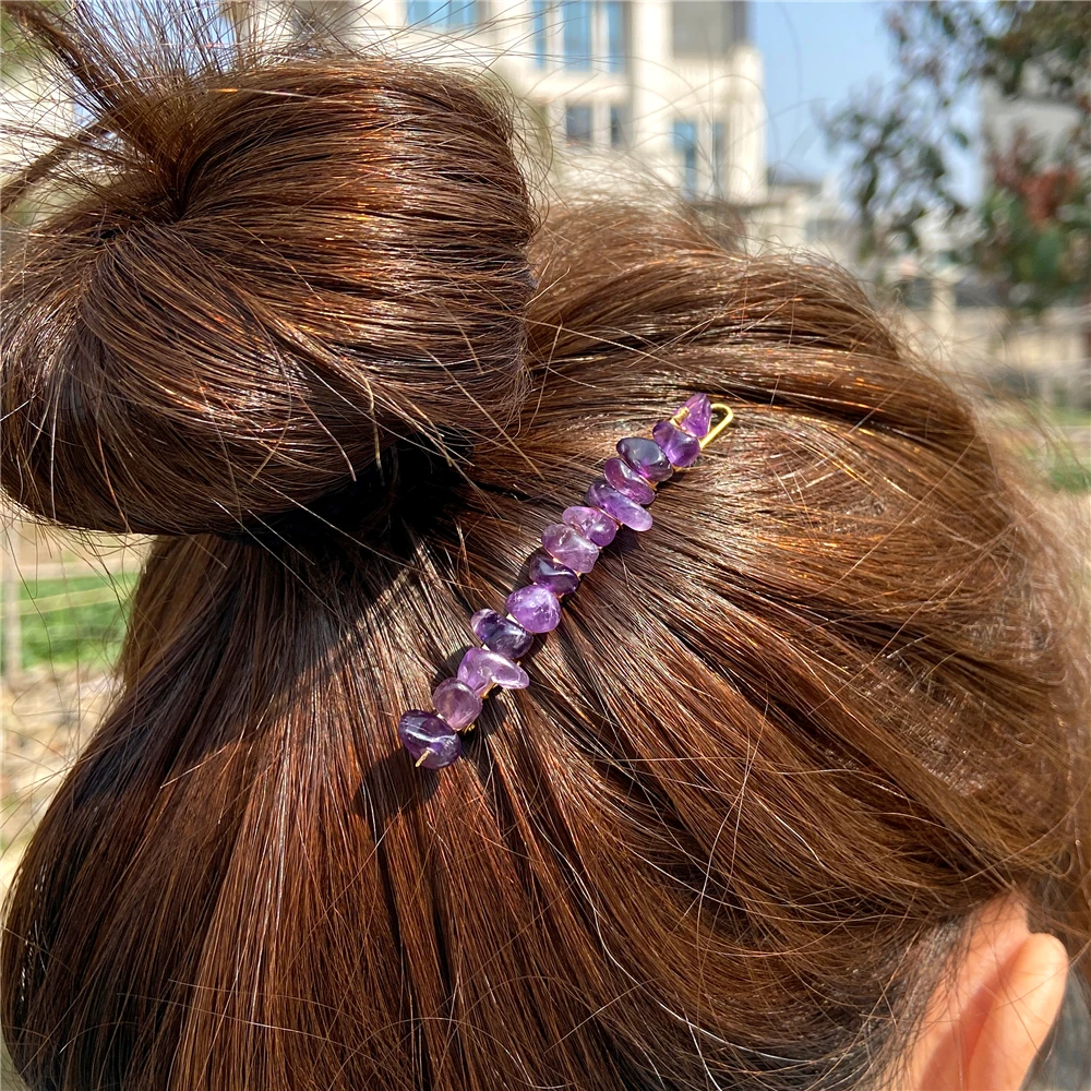 Natural Crystal Hair Clips For Women Girl Chip Stone Hairpins Pink Quartzs Amethysts Bridal Barrettes Headwear Hair Accessories