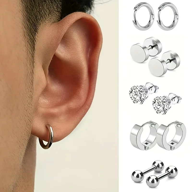5 Pairs/Set Simple Punk Stainless Steel Cubic Zirconia Framed Earrings Combo Set, Daily Jewelry Studs for Men and Women