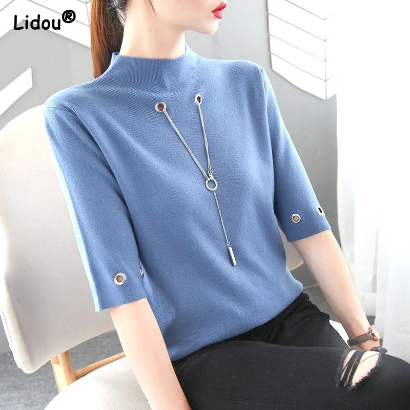 

Fashion Causal Sequined Pendant O Neck Half Sleeve T Shirt Women Summer Solid Color Skinny Clothing Simple Tops