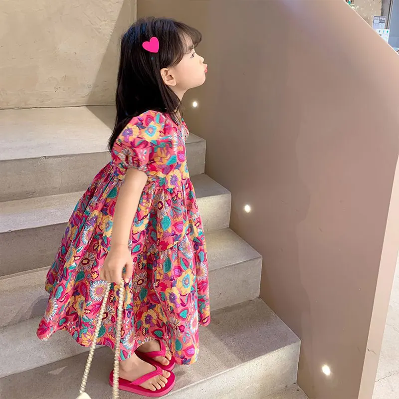 2024 Elegant Fashion Harajuku Slim Fit Children Clothes Loose Casual All Match Princess Dress O Neck Cotton Short Sleeve Dresses