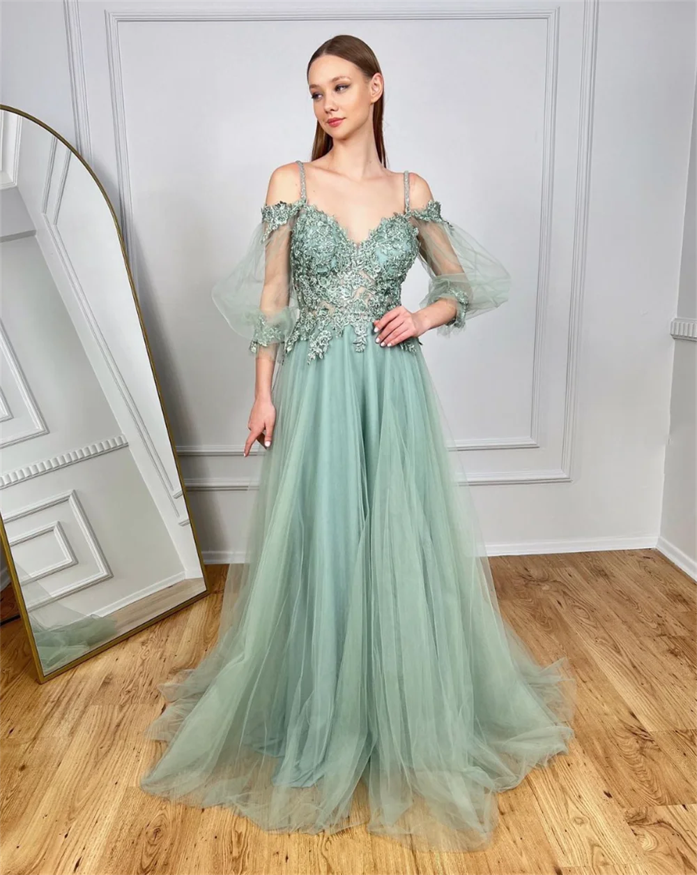 Jessica Light Green Embroidery Prom Dresses Tulle A-shaped Women's Evening Dresses Formal Wedding Party Dresses Robes De Soirée