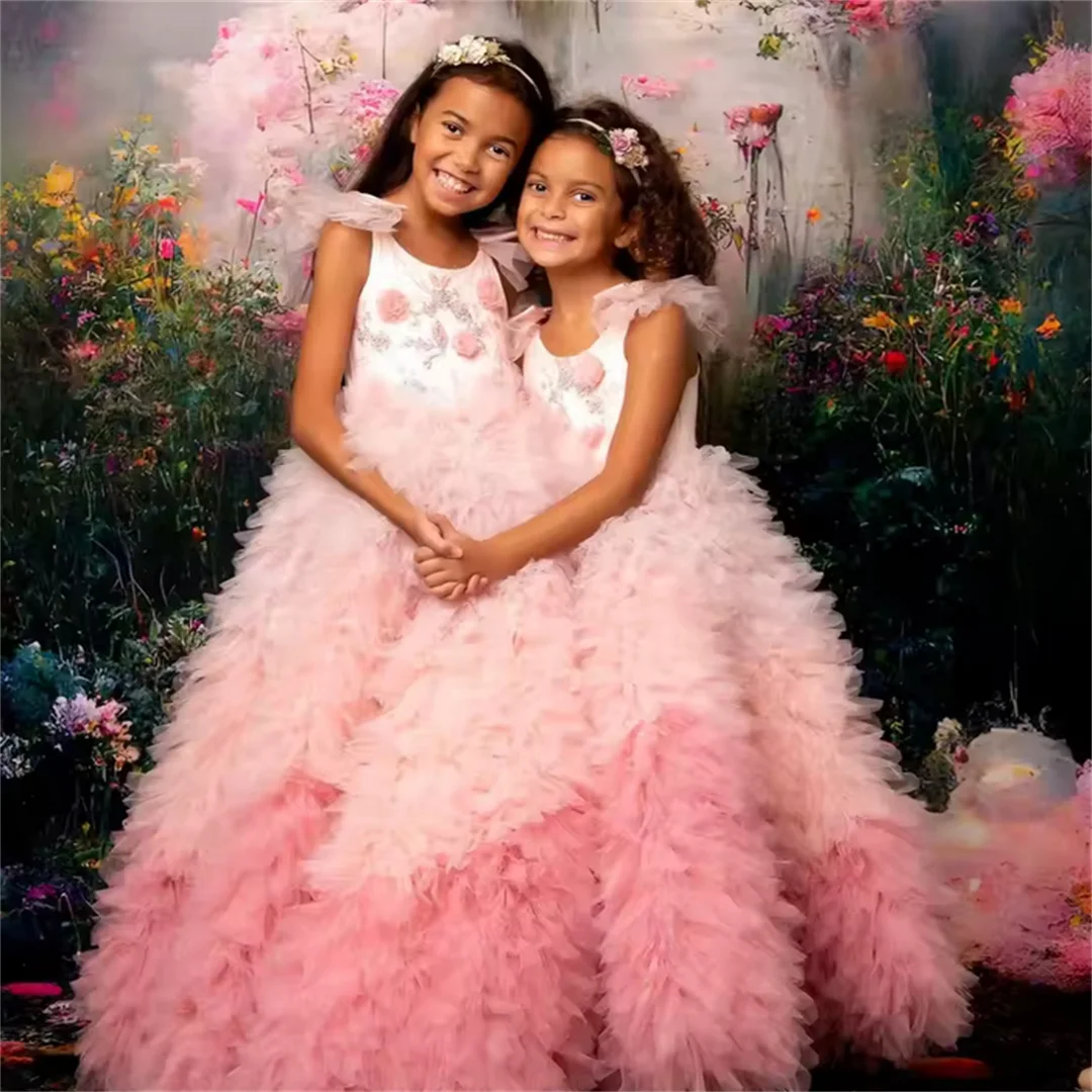 

Customized Pink Girls Birthday Dresses Puffy Ball Gown Flower Girl Dresses for Wedding Party Baby Kids Prom Gowns for Photoshoo