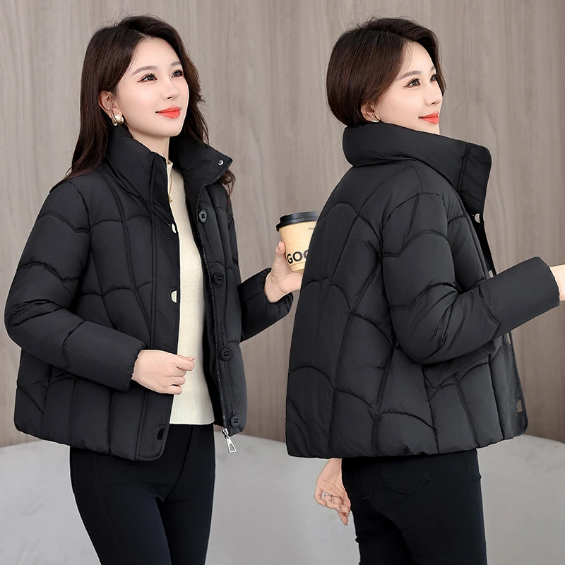 

2025 New Short Women's Down Cotton Padded Jackets Autumn Winter Single Breasted Stand Collar Long Sleeve Zipper Solid Outwear