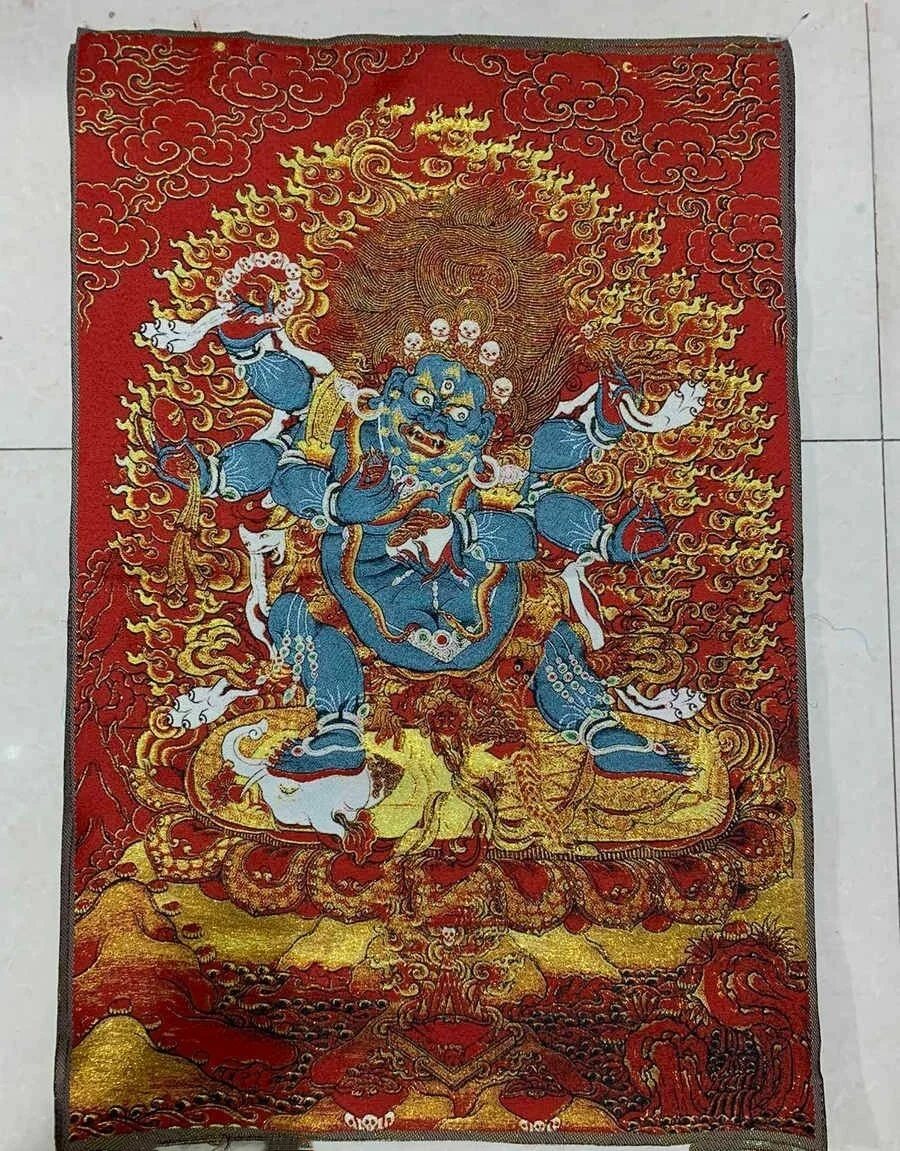 

36" Old Tibet Embroidery Silk Cloth 6 Arm Mahakala Wrathful Deity Buddha Thangka