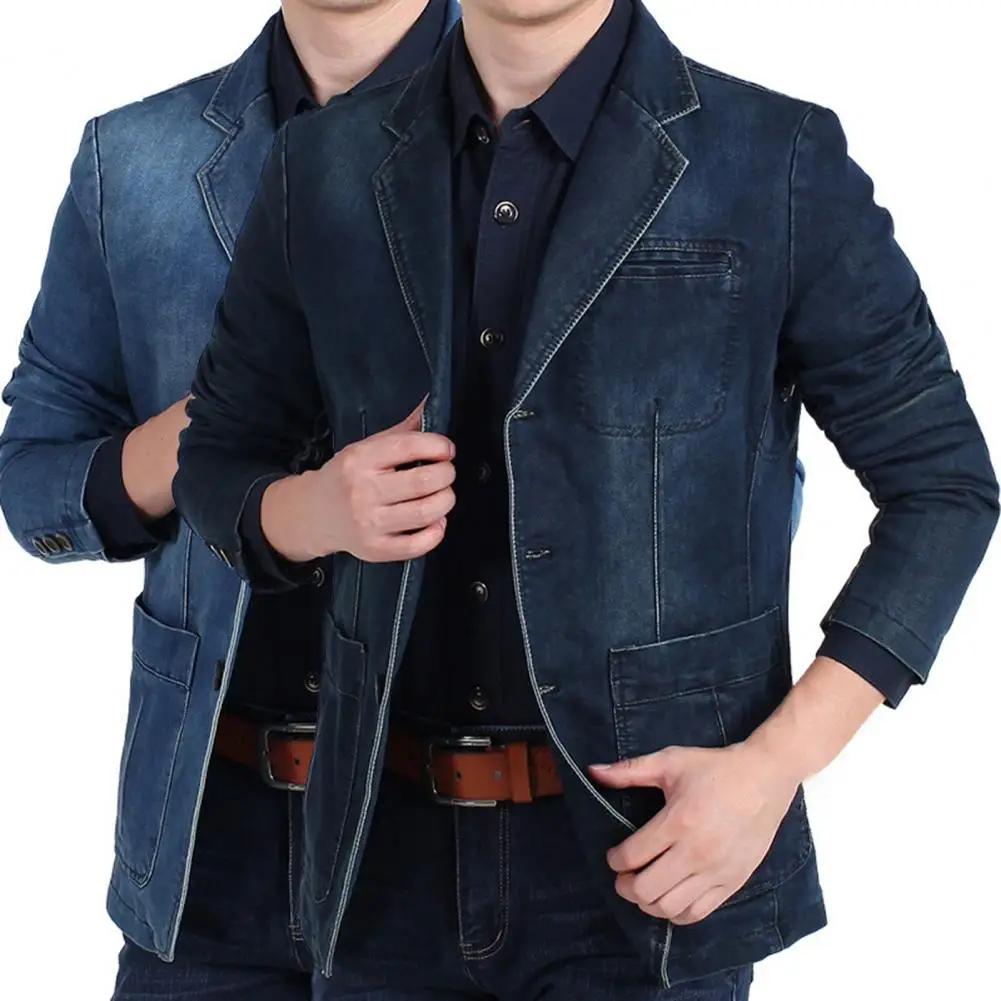 Denim Jacket  Long Sleeves   Denim Blazer Three Buttons Pockets Suit Coat