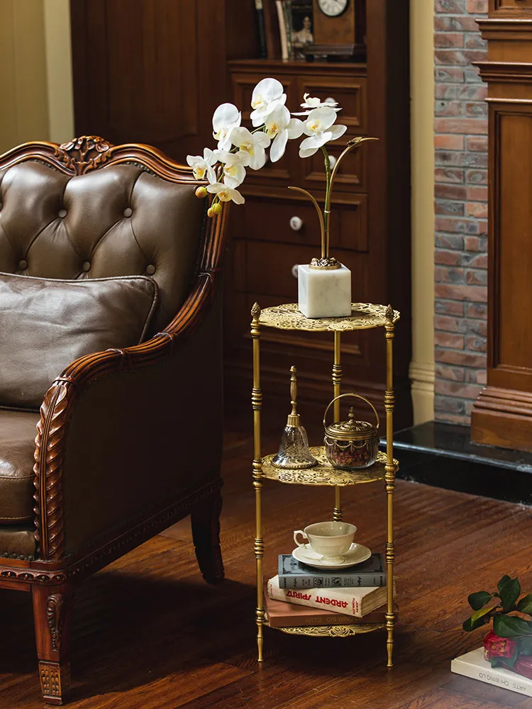 

Латунная резная полка, приставной столик для гостиной, средневековая подставка для цветов, трехъярусная полка для хранения с полыми секциями