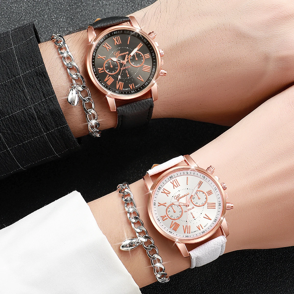 4Pcs/Couple set Fashion Women Leather Band Quartz Watch with Magnetic Love Bracelet