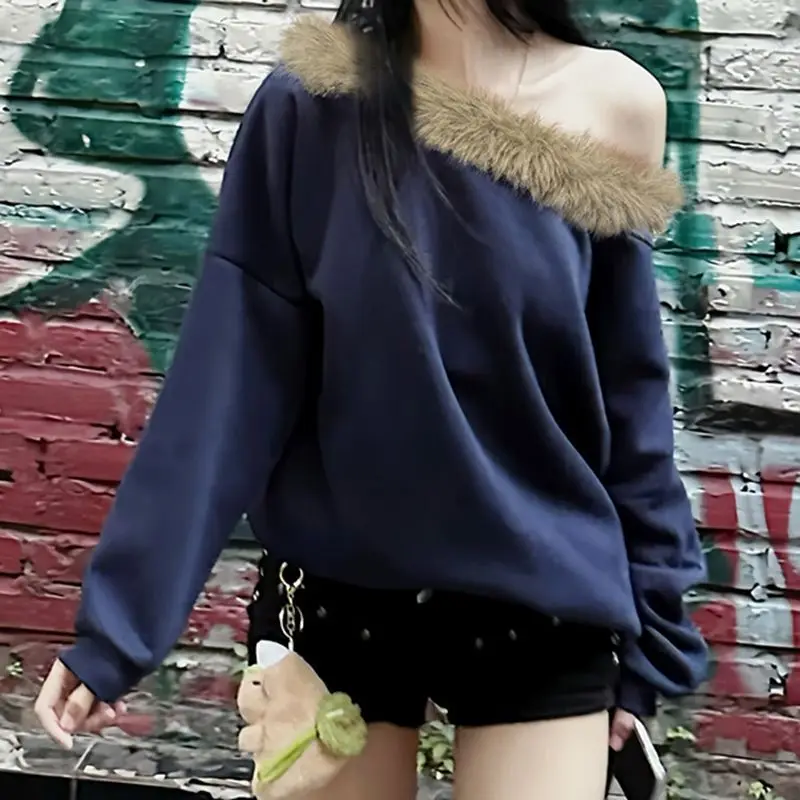 

Gagaok Autumn Winter Sweatshirts Women Fur Patchwork Sloping Collar Off Shoulder Long Sleeved Top Korean Fashion Casual Hoodie