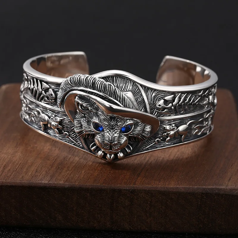 

S925 sterling silver jewelry personalizedretro thai silver cat head k-stylefashion inlaid hao shi men's open bracelet