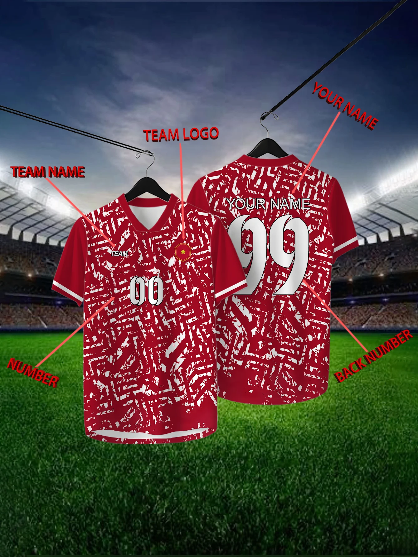 

Customized Geometric Red Short Sleeved Shirt with Team Name, Emblem, Name and Number, Outdoor Sports Short Sleeved T-shirt