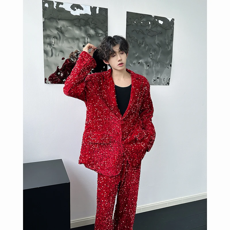 Red Black (Jackets + Pants) Men Suit Sets Dress Blazer Stage Show Shiny Clothing Plain Color Long Sleeve Suit Jacket with Pants