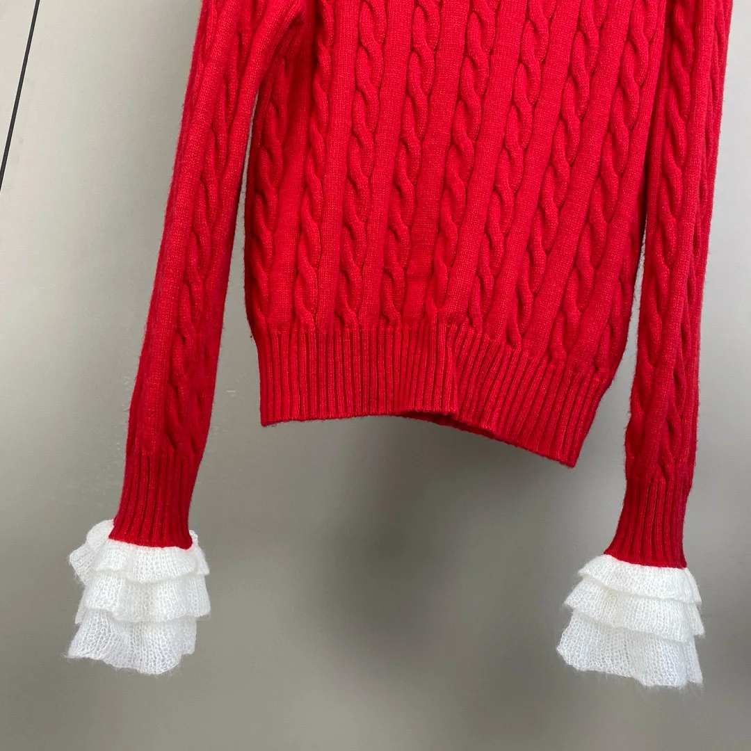 سترة جديدة لخريف وشتاء 2025 بأكمام من الدانتيل ورقبة دائرية من الصوف الخالص - أنيقة وعادية وأنيقة