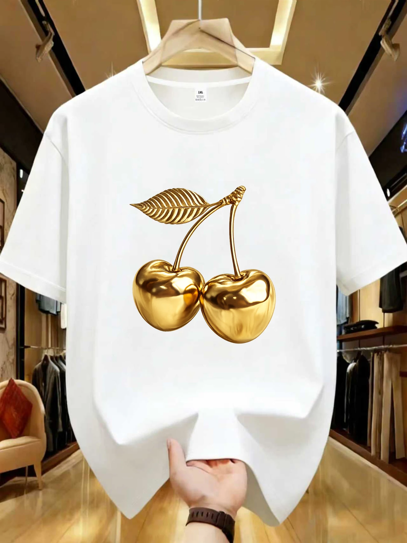 

【WDS0110】Gold Cherry Graphic Plus Size Women's Printed Crew Neck T-Shirt Summer Casual Short Sleeve Top Street Style