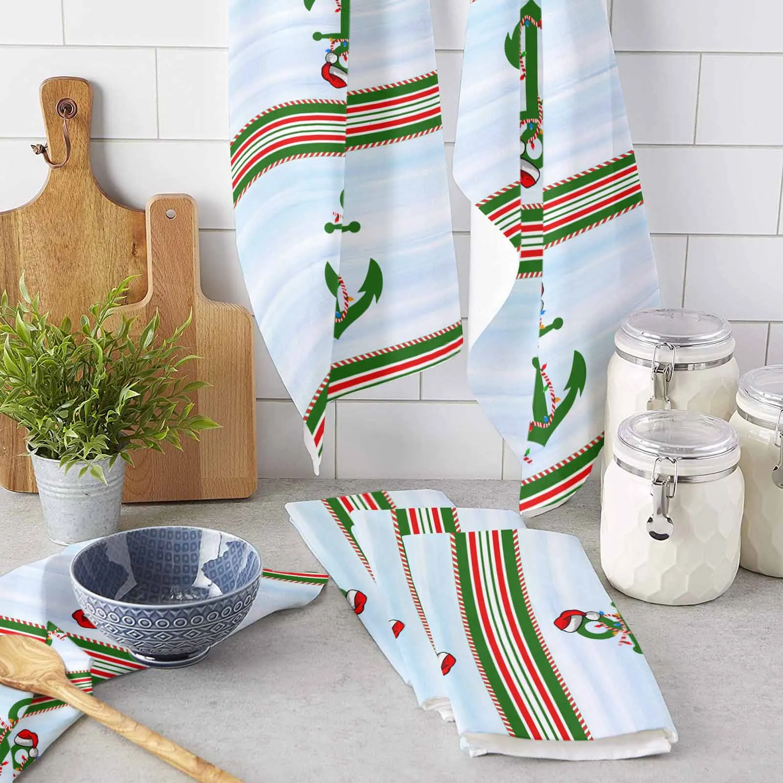 Christmas Boat Anchor Rope Christmas Hat Printed Tea Hand Towel Kitchen Dishcloth Water Absorption Household Cleaning Cloth