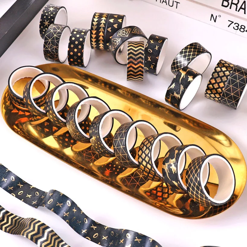 12 Gulungan Selotip Washi Emas Hitam Perlengkapan Buku Tempel Selotip Foil Emas Stempel Cinta Adhesiva Decorativa Selotip Washi Diary