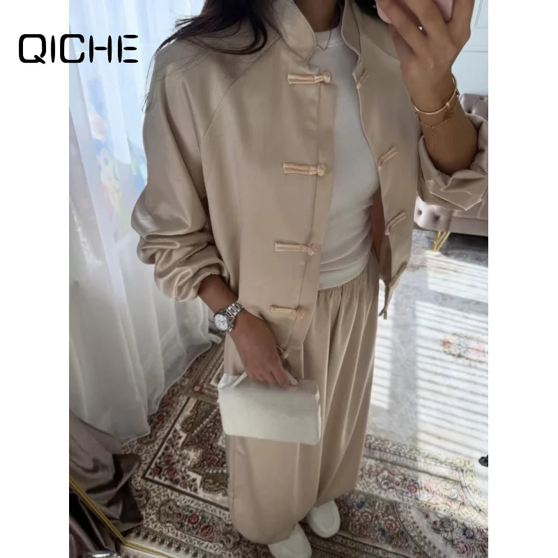QICHE Women Hot‑Sell Chinese Style Satin Matching Set Frog Buttons Drawstring Flowy Wide Leg Trousers 2‑Piece Outfit