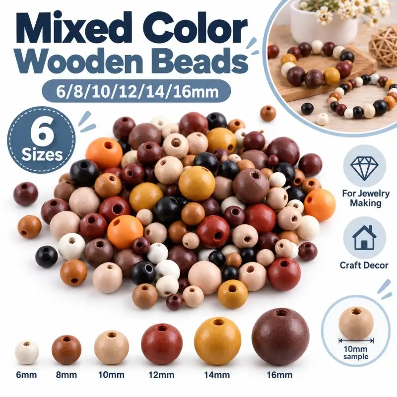100~500pcs Colorful Wood Beads Rustic Farmhouse Wood Beads for DIY Craft 8~16mm Natural Wooden Handmade Polished  Beads