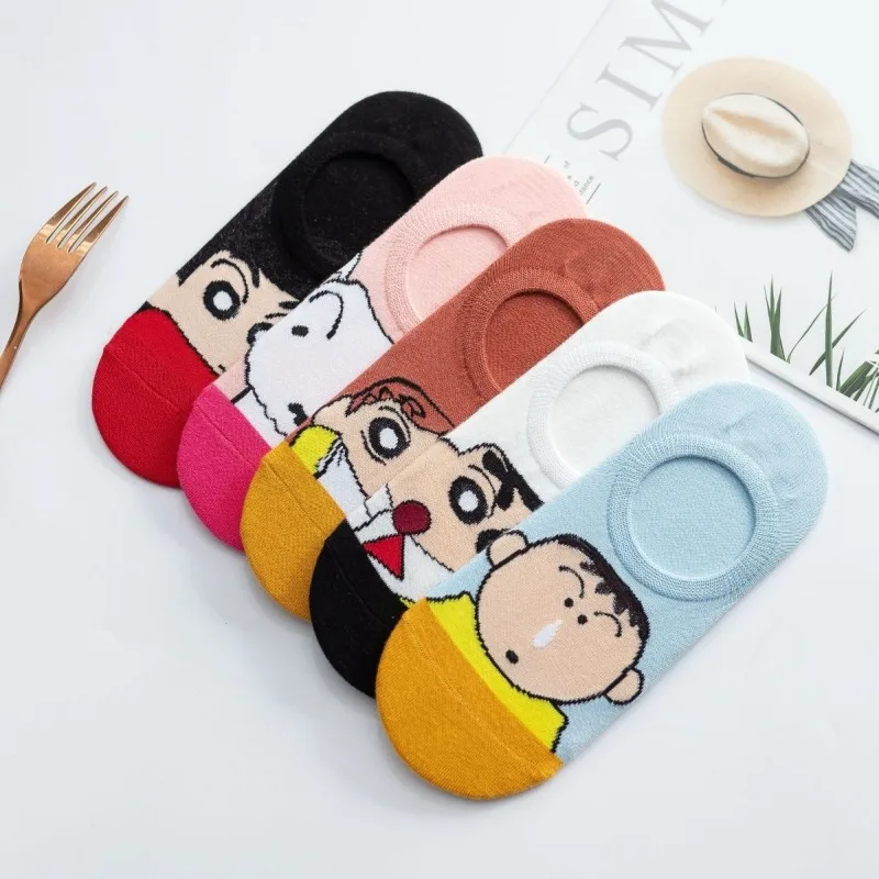 

5 Pairs Casual Cute Women's Socks Miniso Crayon Shin-chan Animal Cartoon Socks Cotton Invisible Funny Socks Size Gift Wholesale