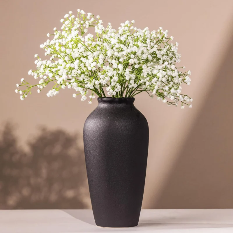 

Tall Black Ceramic Vase, Speckled Textured Minimalist, with 15 Stems of 22" Faux Artificial White Babys Breath,