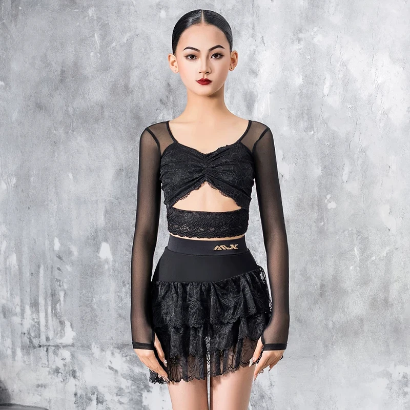 Black Latin Dance Suit Girl Performance Practice Outfit Long Sleeve Mesh Top Lack Skirt Children Chacha Dance Training Set 3022