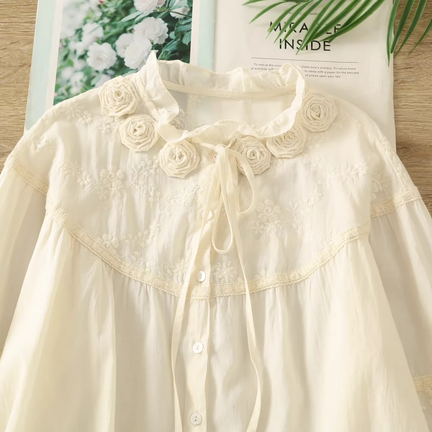 

2026 Beautiful women's blouses mori kei fashion 3d flower embroider beige shirts and blouses Japanese 100% cotton oversized tops