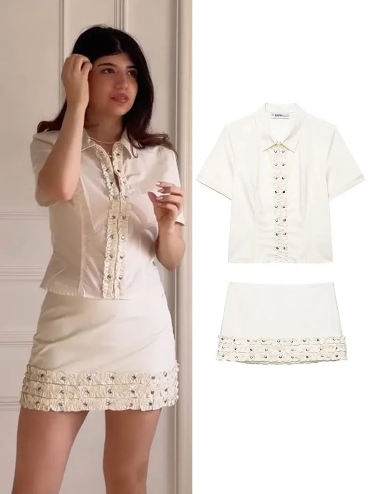 

HH Woman Fashion Lapel Rivet Laminated Poplin Short Sleeves Shirt+Side Zipper Mini Skirt Casual Summer Solid Two Piece Set
