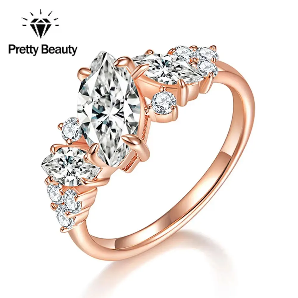 

Pretty Beauty S925 Silver Marquise Cut Moissanite Cluster Ring Rose Gold Plated Asymmetrical Engagement Ring Multi-Stone Accents