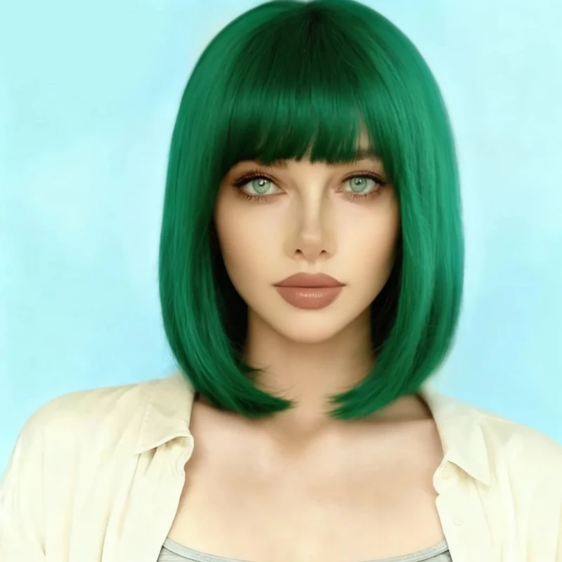 

Элегантный синтетический 12-дюймовый зеленый парик с челкой, подходящий для повседневной ролевой вечеринки для женщин.