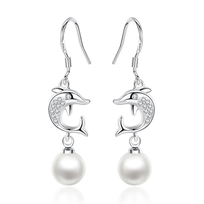 

925 Sterling Silver Earrings Dolphin Pearl Earrings Ladies Fashion Simple Birthday Party Wedding Anniversary Jewelry Gift