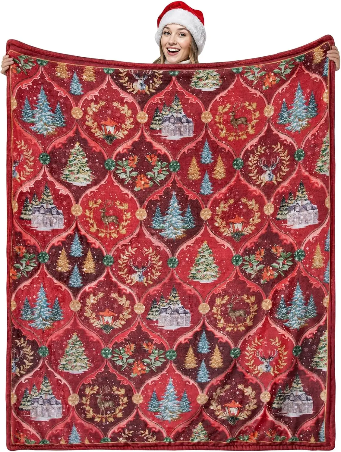 Christmas Throw Blanket Reversible Fleece Moroccan Xmas Throw Soft Warm Flannel Christmas Holiday Blankets for Couch Bed Home