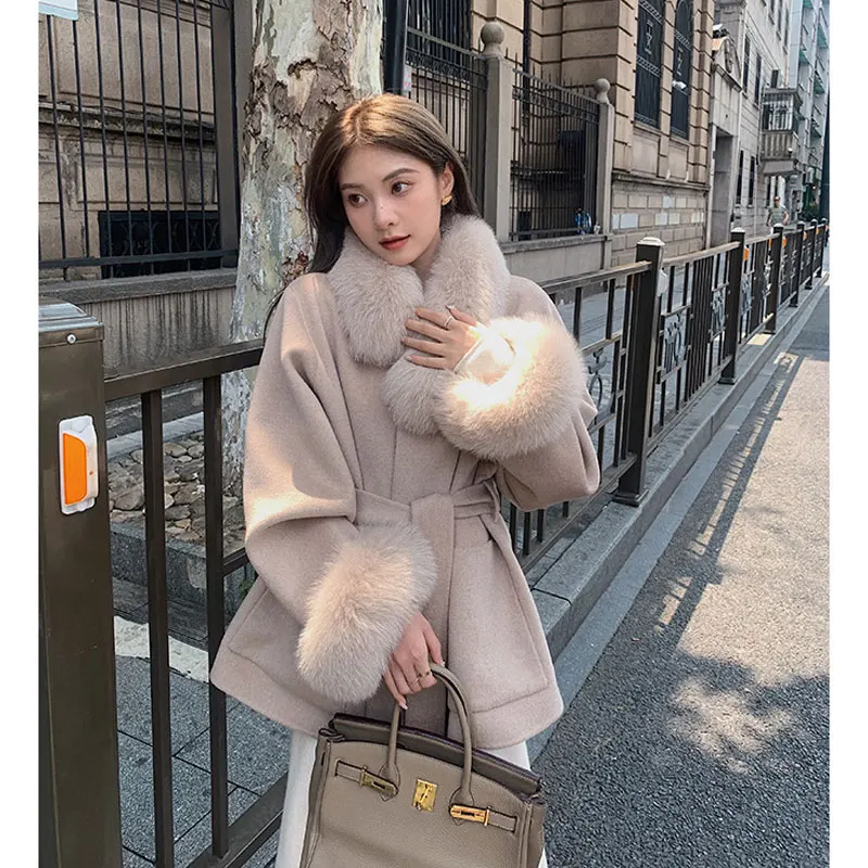 2024 Korea Gray Wollen Coat With Belt Woman Winter Chic Solid Faux Fur Collar Thick Warm Chic Long Ladies Lace Up Coat Outwear