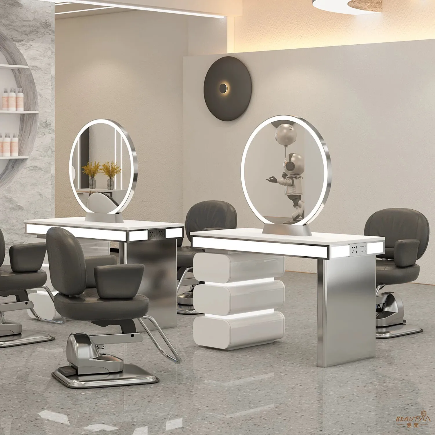 Modern Stainless Steel Dressing Table With White LED Barber Mirror Station Beauty Salon Makeup Table Set For Hair Styling