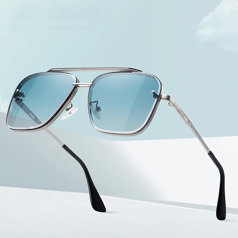 CATERSIDE Retro-Sonnenbrille mit großem Metallrahmen für Herren, flache Oberseite, Doppelbrücke, hochwertige Sonnenbrille für Damen, Party- und Festival-Brillen – Detail 1