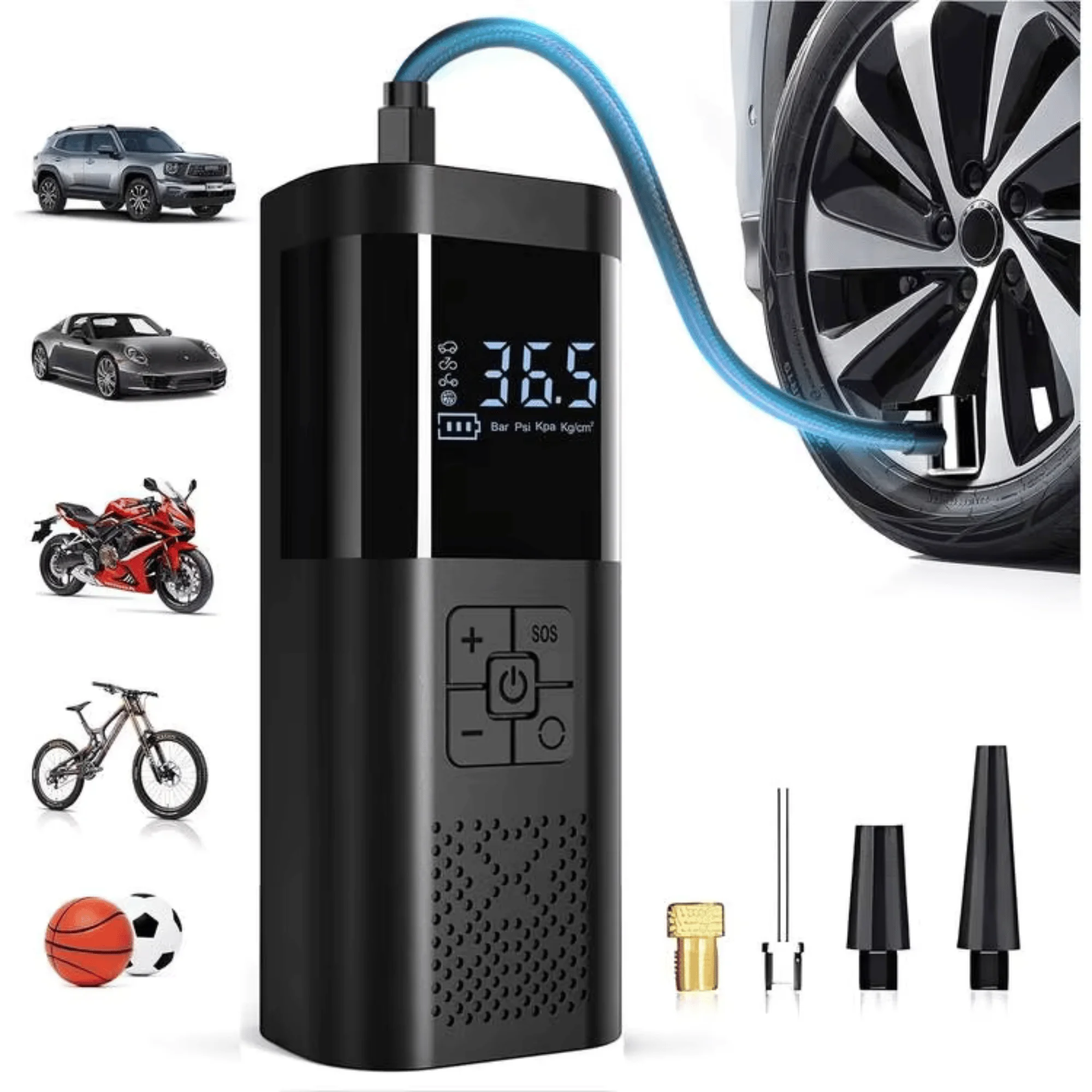 Tire Inflator Portable Air Compressor, 150 PSI Cordless Bike Pump for Car Tires, Bikes, Motorcycles and Balls, Auto Shut-Off, Digital Display Pressure Gauge, Fast Inflation, LED Light