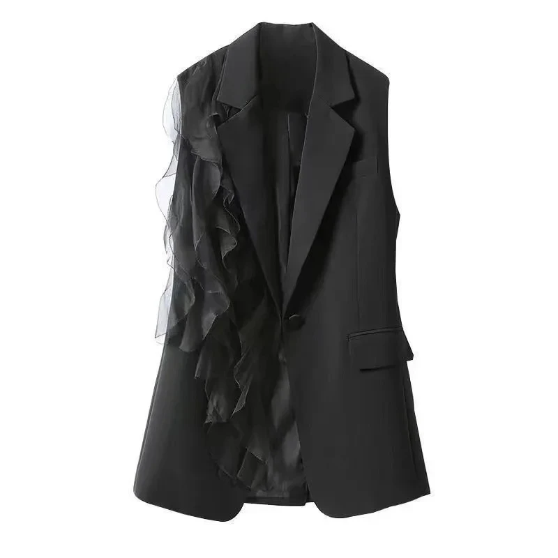 2025 New Black Suit Vest Female Summer Korean Fashion Stitching Chiffon Sleeveless Blazers Waistcoat Women Jacket Outerwear Tops