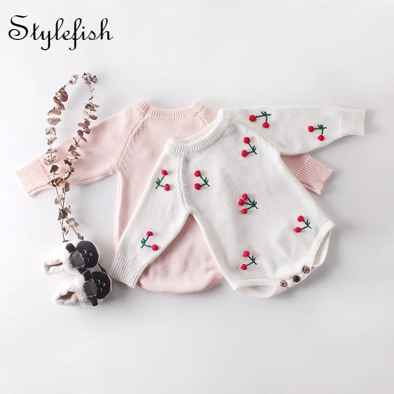 2022  babies wears  cherry long-sleeved knitting wool conjoined clothing bag used for travel fart ah climb clothes romper