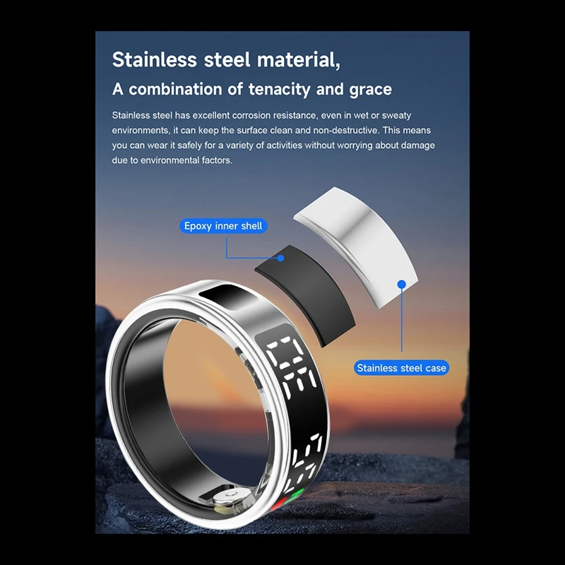 RS08 Smart Ring Heart Rate Health Monitor 5ATM Waterproof Multi Sport Mode Blood Oxygen Tracker With Charge Compartment