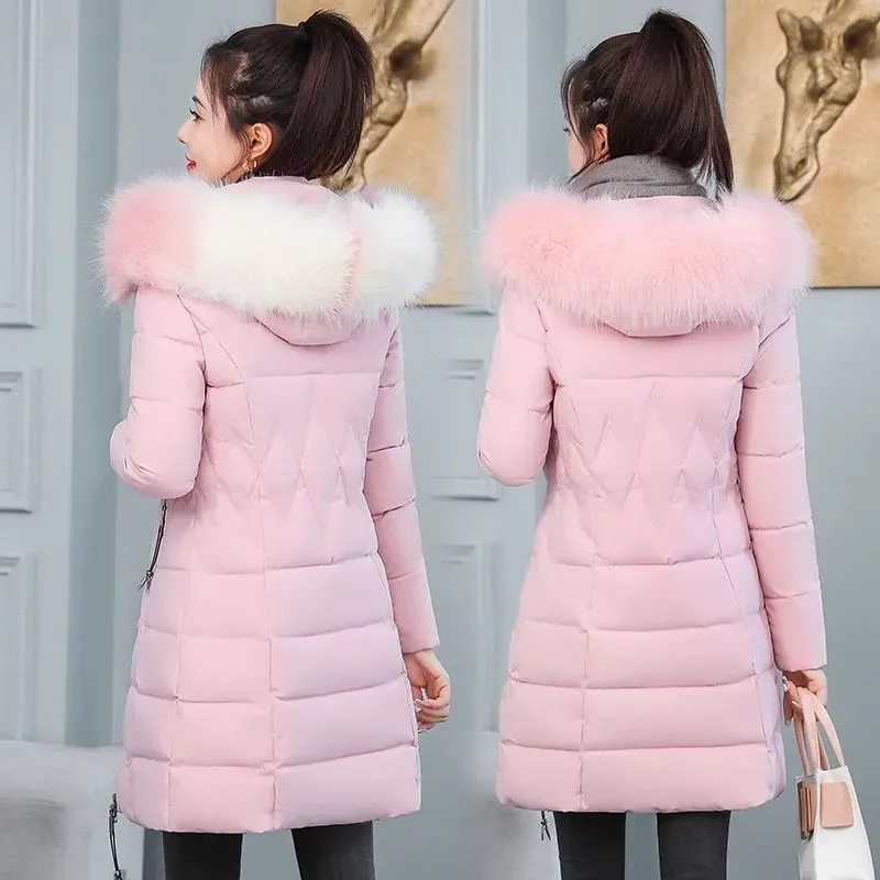 New Slim Long Winter Jackets Fashion Women Cotton Padded Parkas Stand Hooded Detachable Fur Collar Solid Female Casual Coat 2024