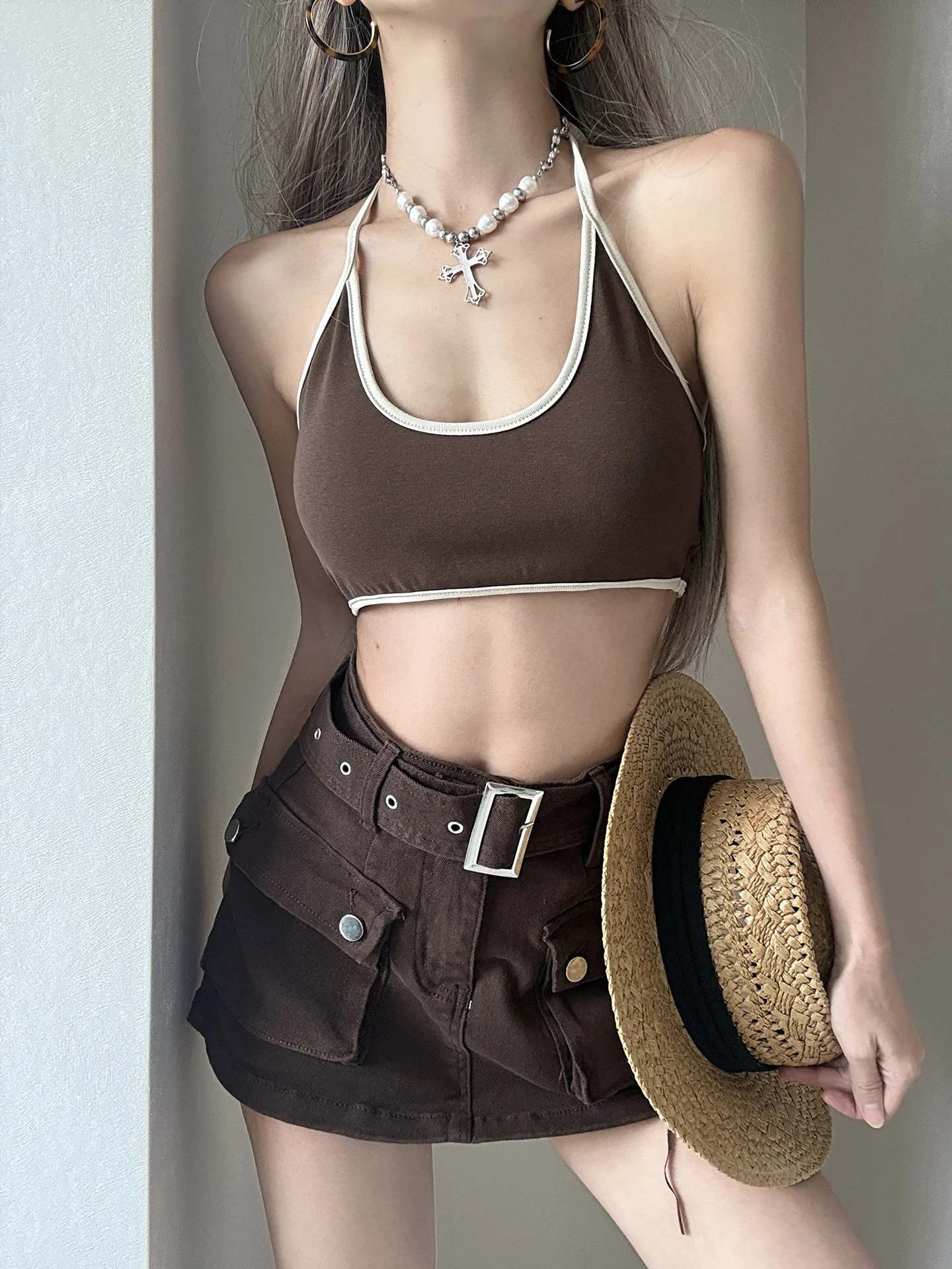 MianCun Fixed Sports Bra Women's round Neck Vest Style Underwear Summer Versatile Color Block Backless Sports Innerwear