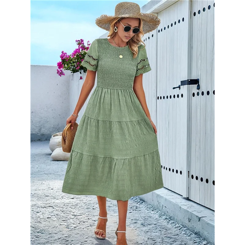 ABRT-robe Maxi découpée à col rond pour femme, couleur unie, élégante, printemps été