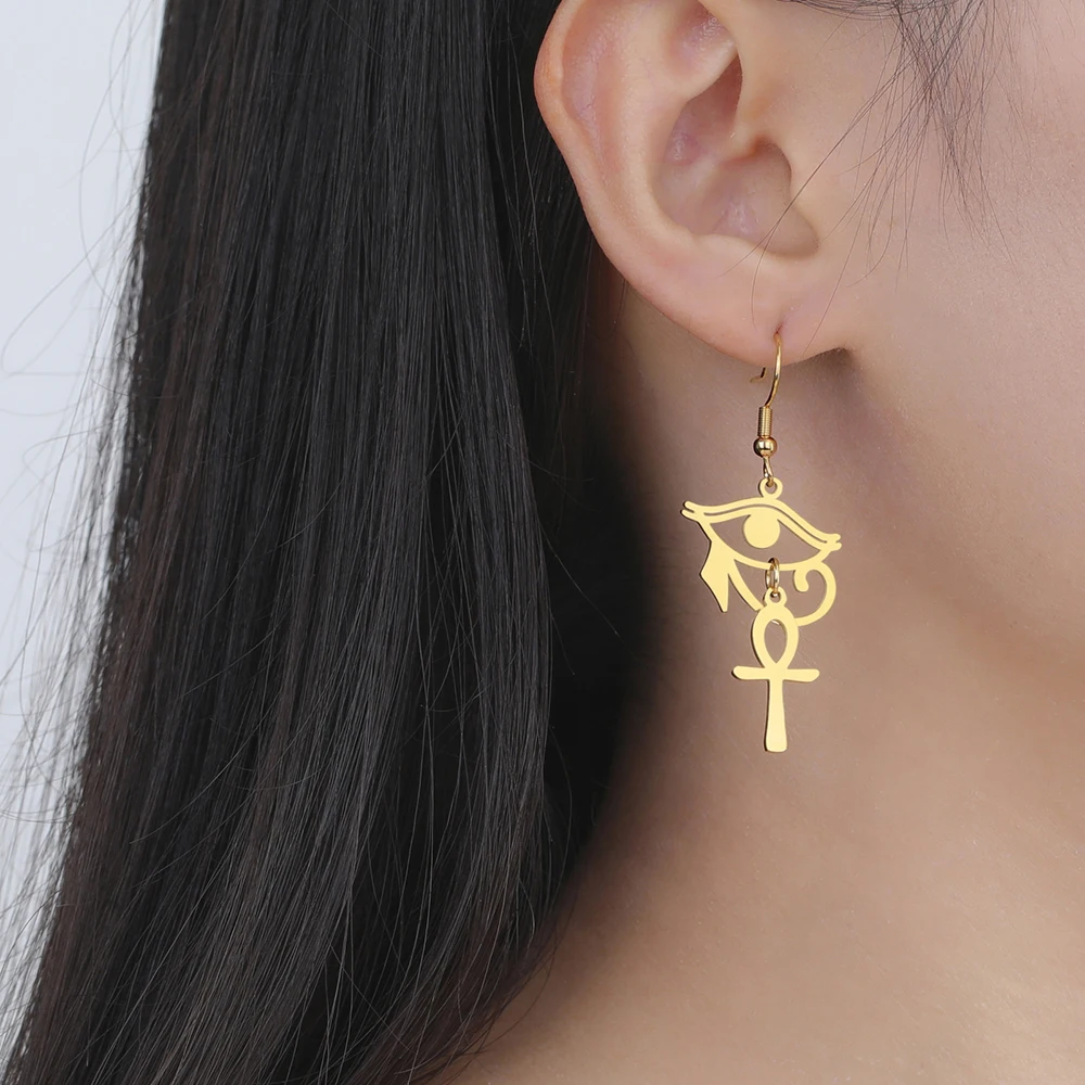 Dawapara alte ägyptische Symbol Ohrringe Auge von Horus und Ankh Kreuz Hieroglyphen Ideograph Schutz Amulett Edelstahl – Detail 4