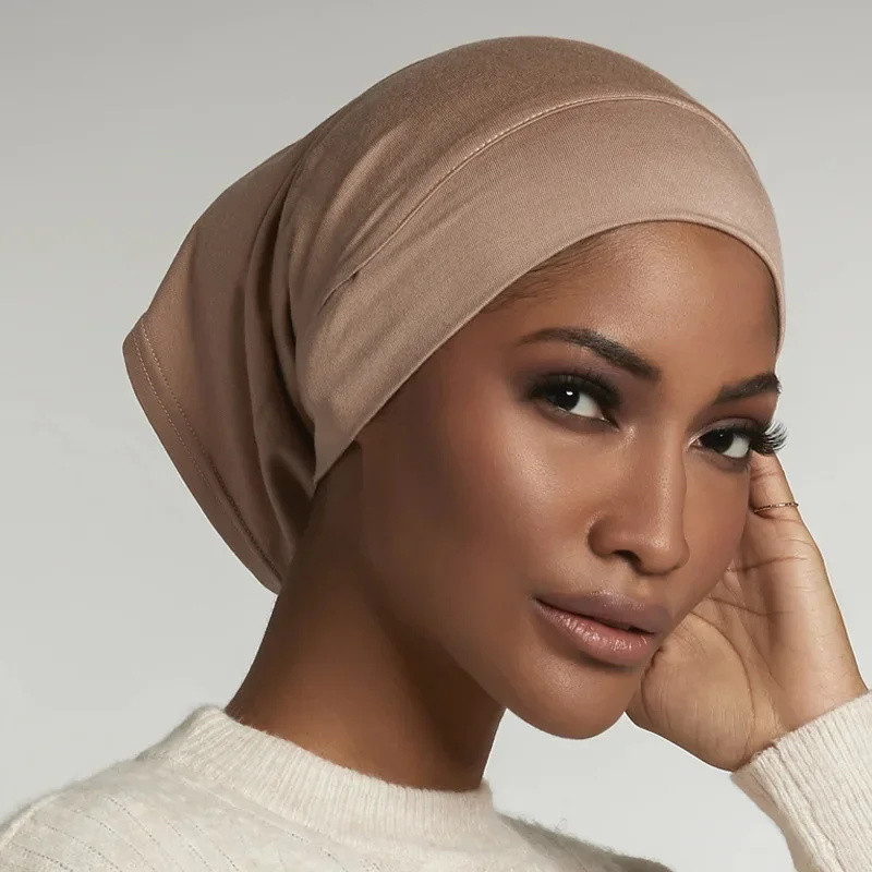 2021 NOVO Cachecol de Algodão com Buraco de Orelha Stretch Jersey Interno Hijabs Frente Redondo Sob Hijab Caps Turbante Feminino Hijabs