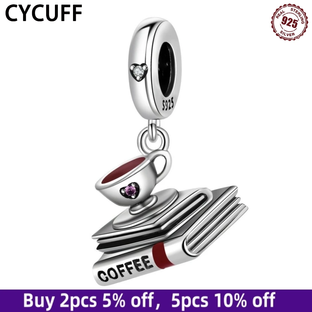 CYCUFF 925 Sterling Silver Coffee Book Pendants Bracelet Charms Fit 925 Silver Charms Beads DIY for Women Fashion Jewelry Making
